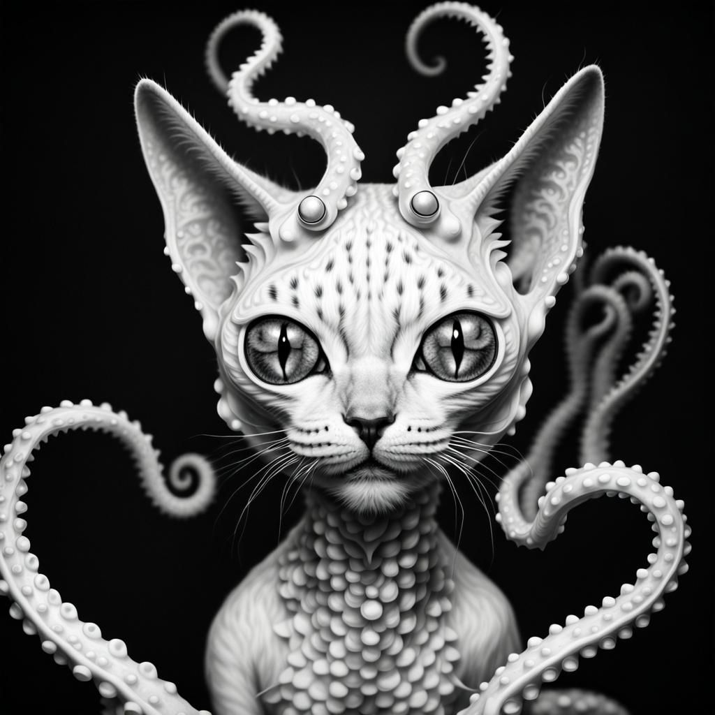 Monochrome Alien Cat Portrait with Tentacles