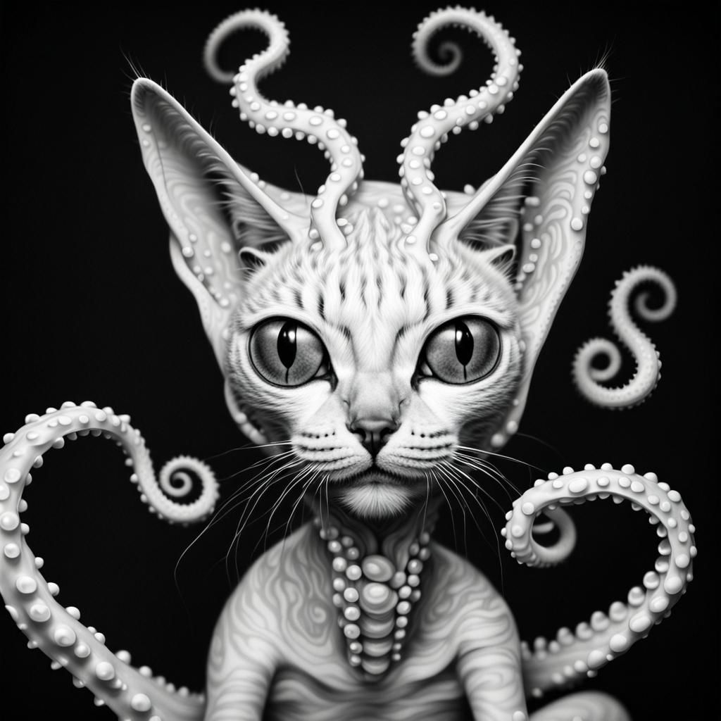 Tentacled Alien Cat: Striking Black and White Portrait