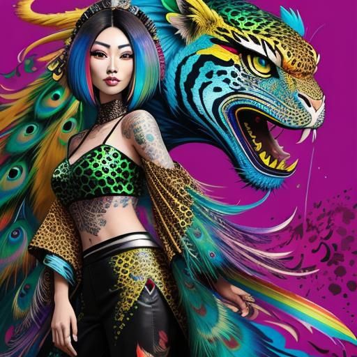 Asian Woman with Dragon Scales in Graffiti Art