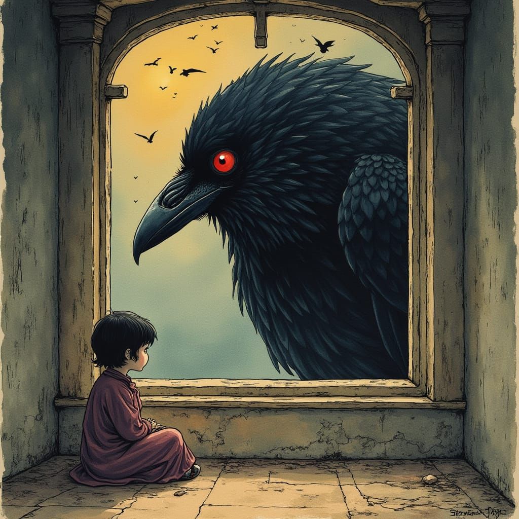 Girl Meets Giant Raven in Eerie Ukiyo-e Window Scene