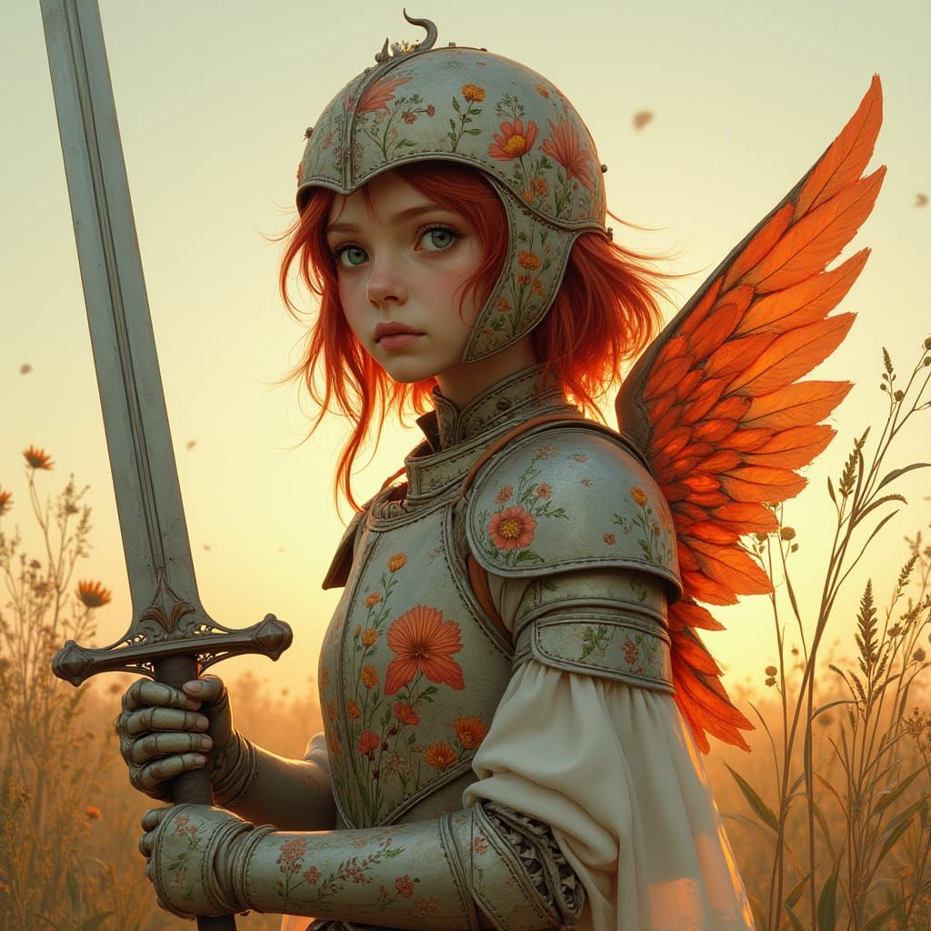 Girl in Armor Prepares for Flight, Metallic Sword at the Rea...