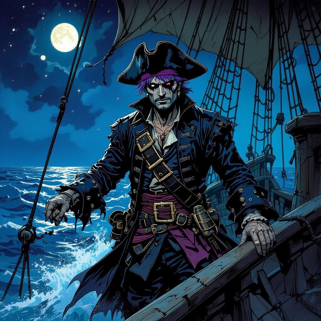 Spectral Pirate Captain on Ghost Ship, Dark Fantasy Art