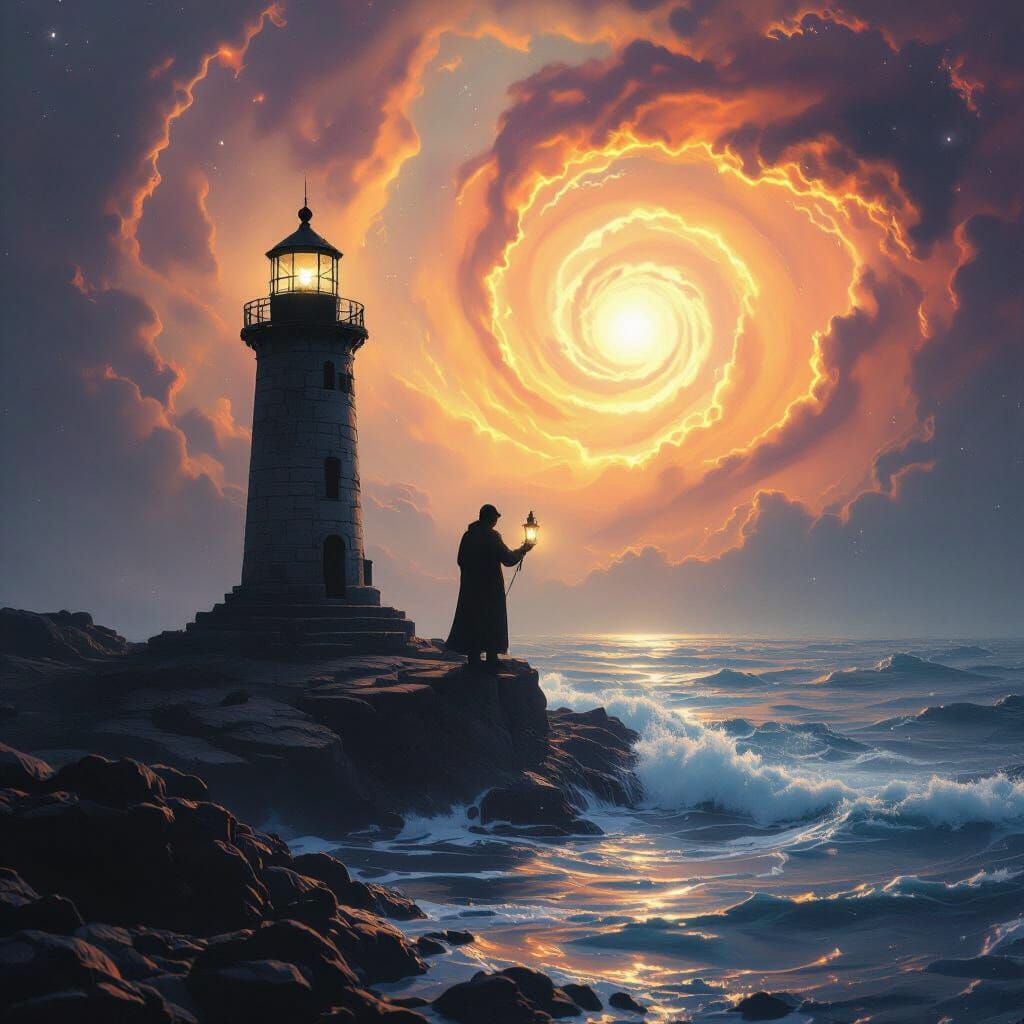 Cosmic Lighthouse Keeper Tending Spectral Lantern