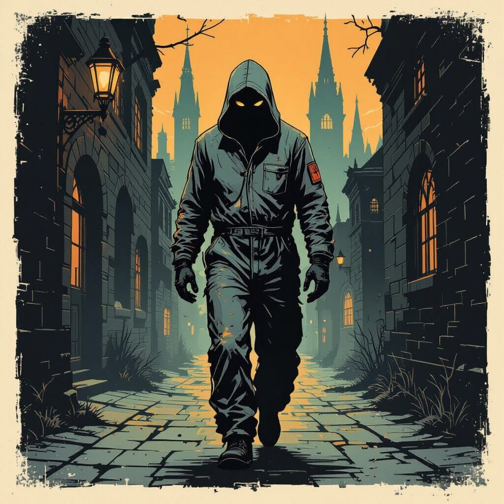 Eerie Janitor in Gothic Alley, Cel-Shaded Noir