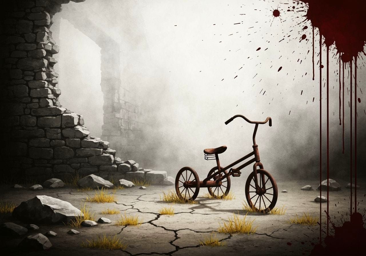 Ink Painting of Ruined House and Rusty Tricycle