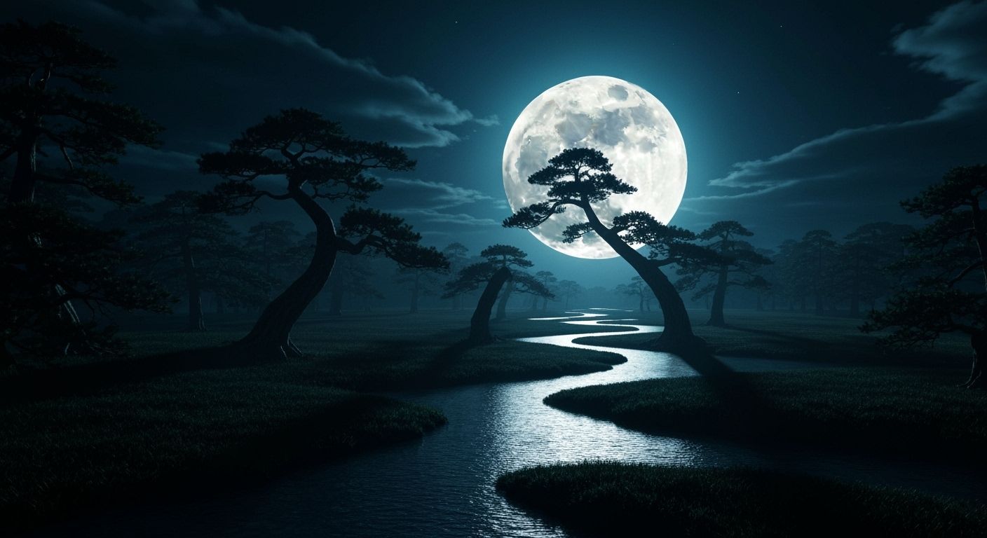 Surreal Japanese Myth: Moonlit Landscape in Cinematic Style