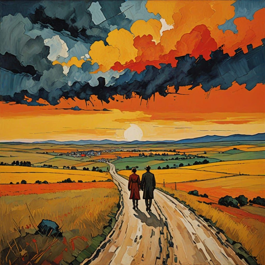Vibrant Oil Painting of Figures Heading to a Distant Steppe