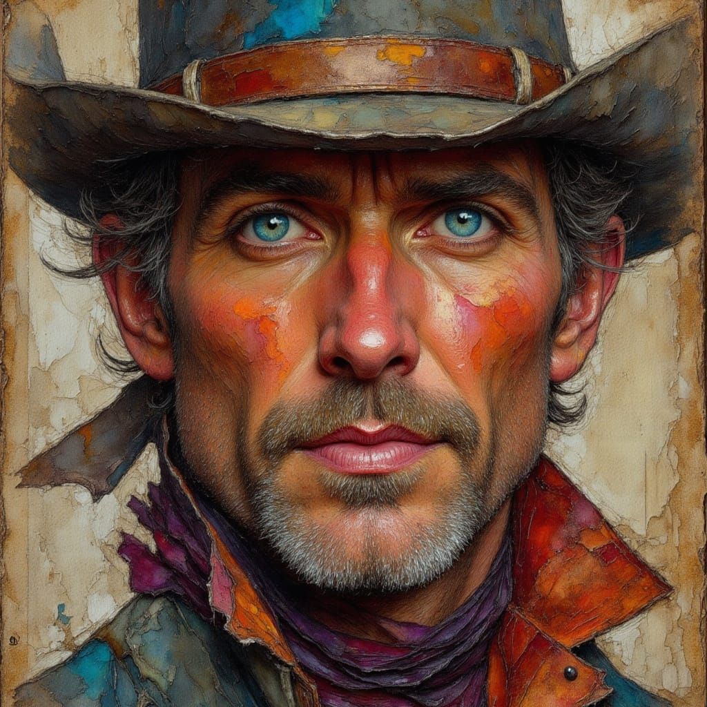 Cowboy Portrait with Impasto and Encaustic Techniques