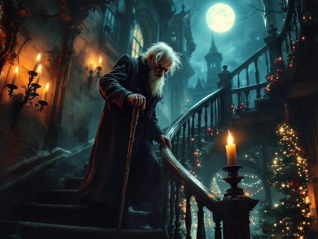 Elderly Man Ascends Creaking Stairs of Victorian Mansion und...