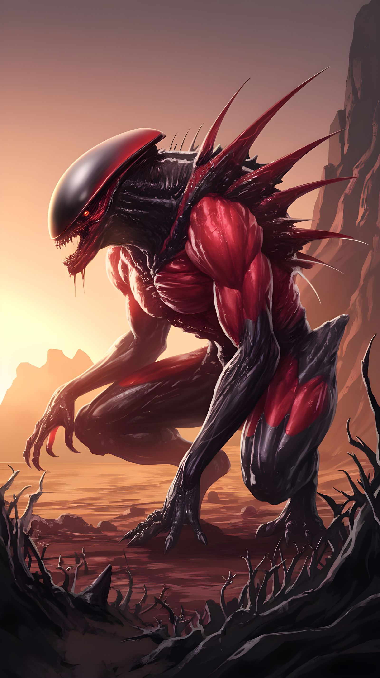Menacing Red and Black Alien Hunter in Sunset Landscape