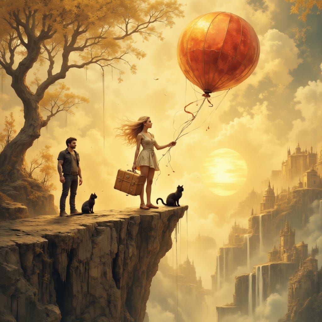 Woman, Cats, and Floating Cliff at Dawn