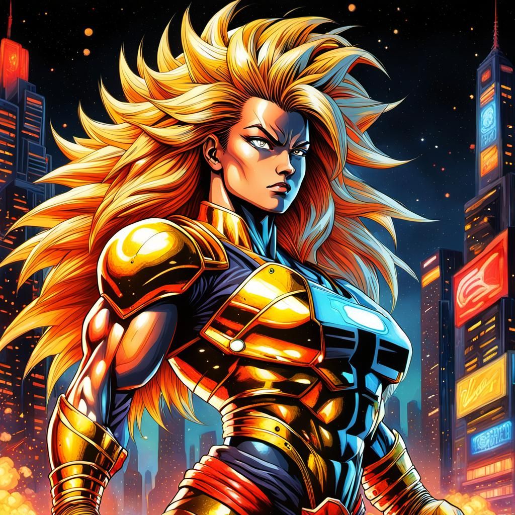 Powerful Super Saiyan Woman in 80s Anime Style