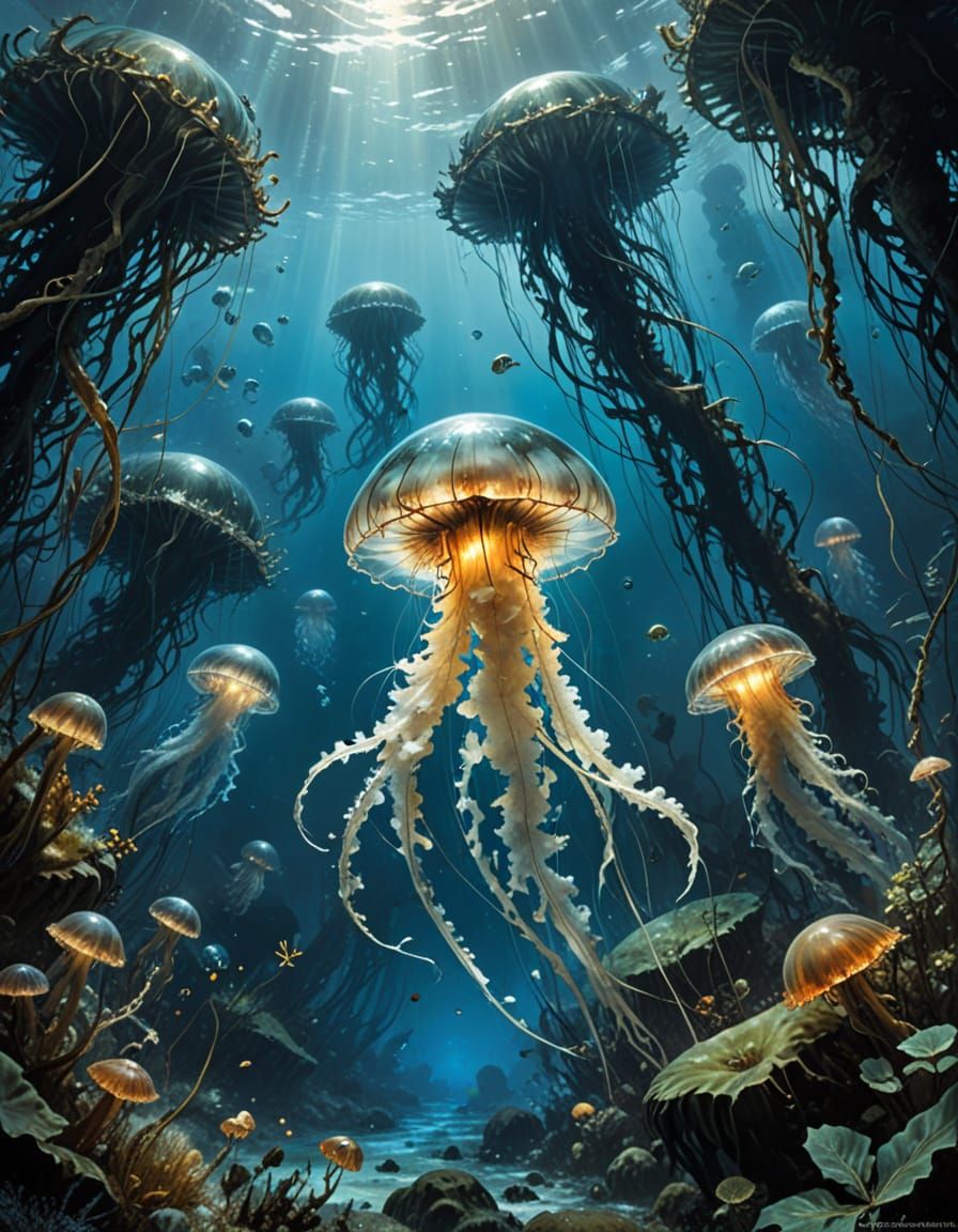 Jellyfish in Kelp Forest, Comic Book Style