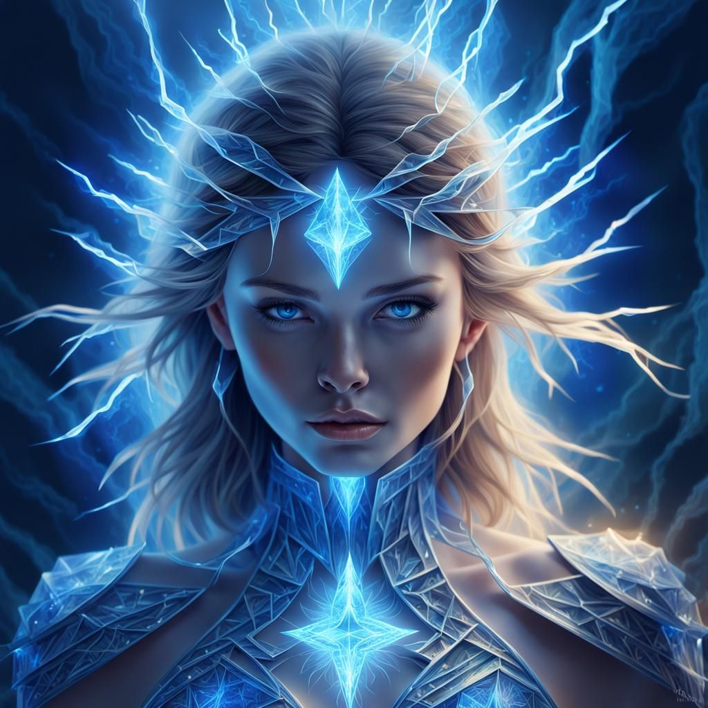 Lightning Spirit in Crystalline Labyrinth: Digital Art