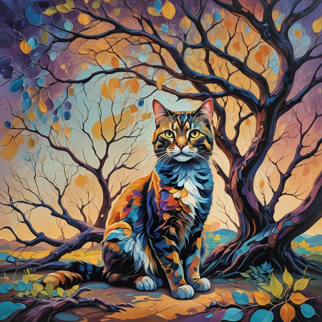 Surreal Multicolored Cat in an Impressionistic Landscape