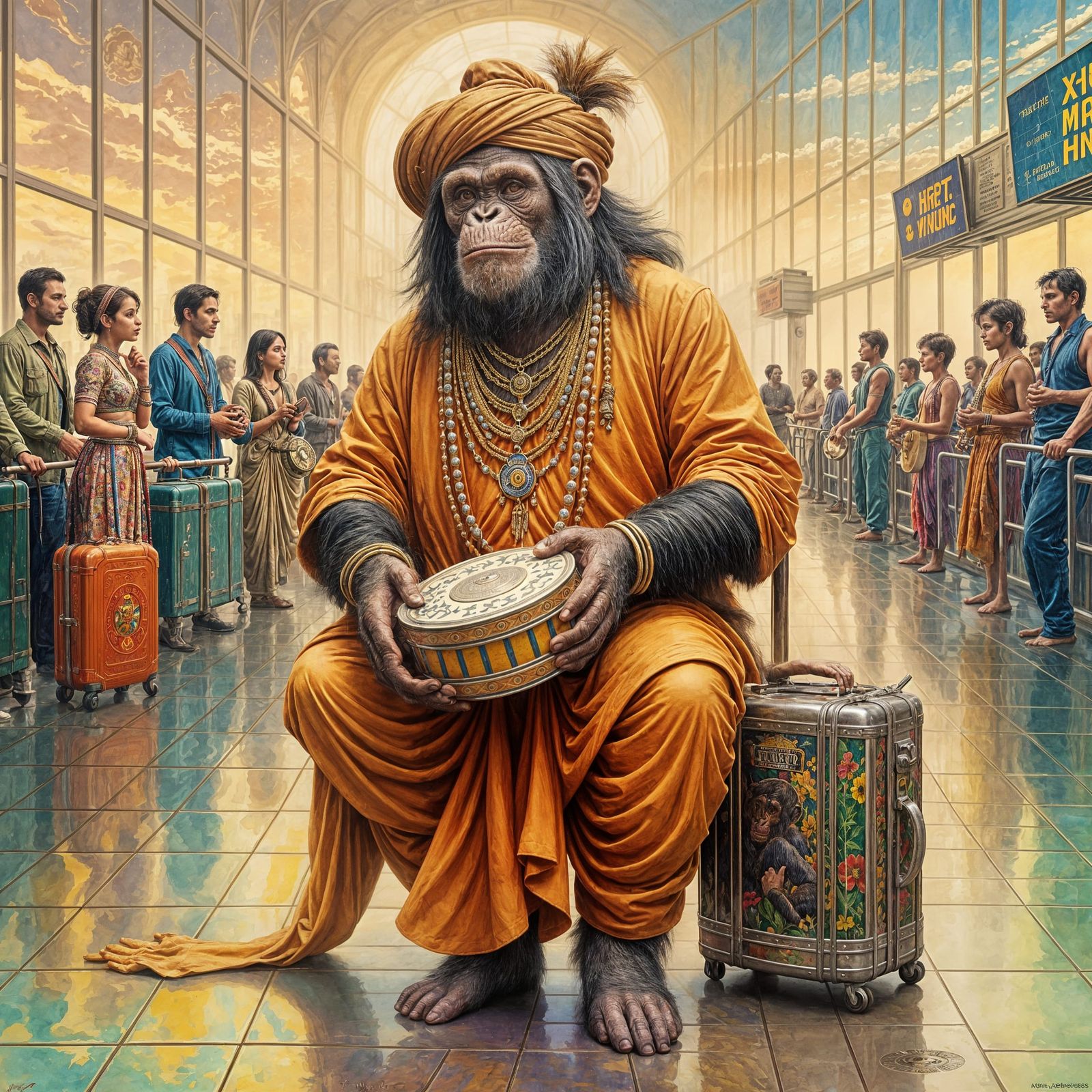 Gothic Chimpanzee Tambourine Player at Airport in Vibrant Im...