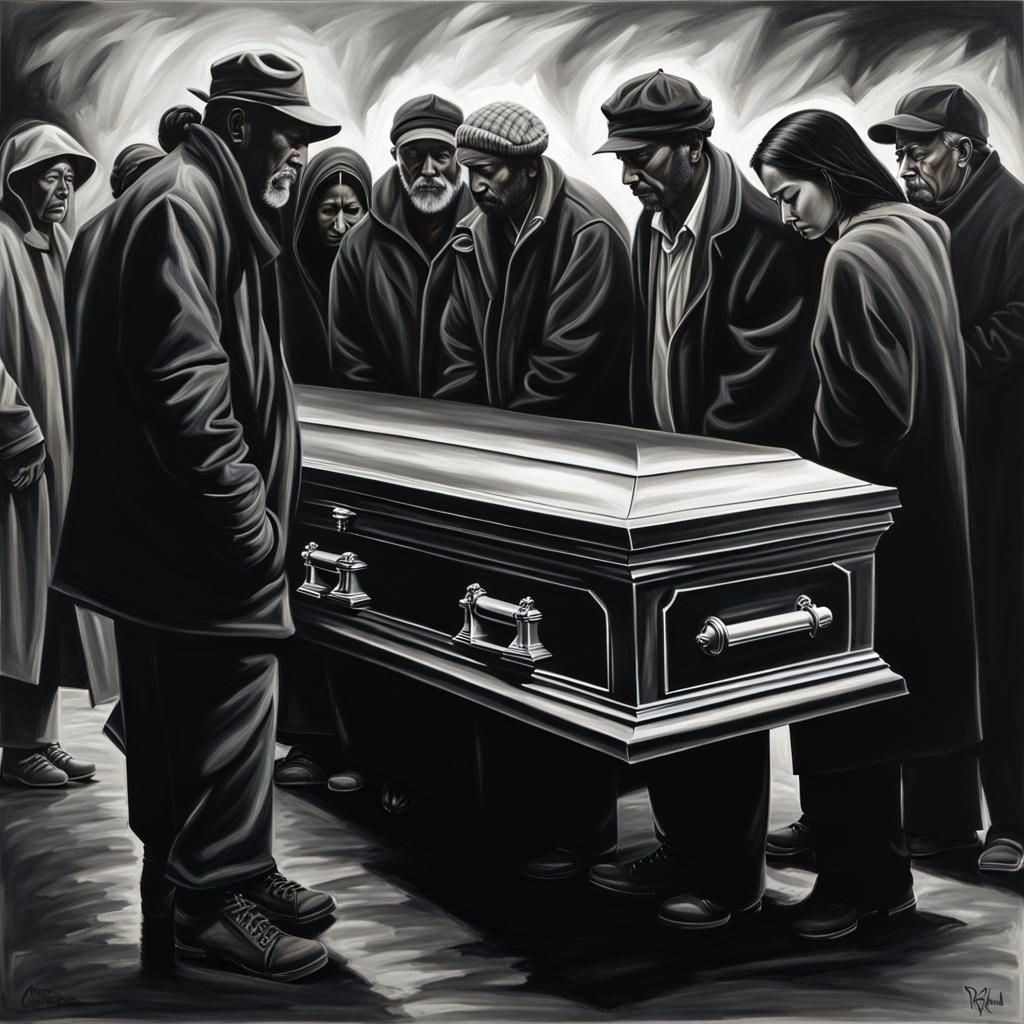 Grieving Homeless Gathered Around Casket: Oil Painting