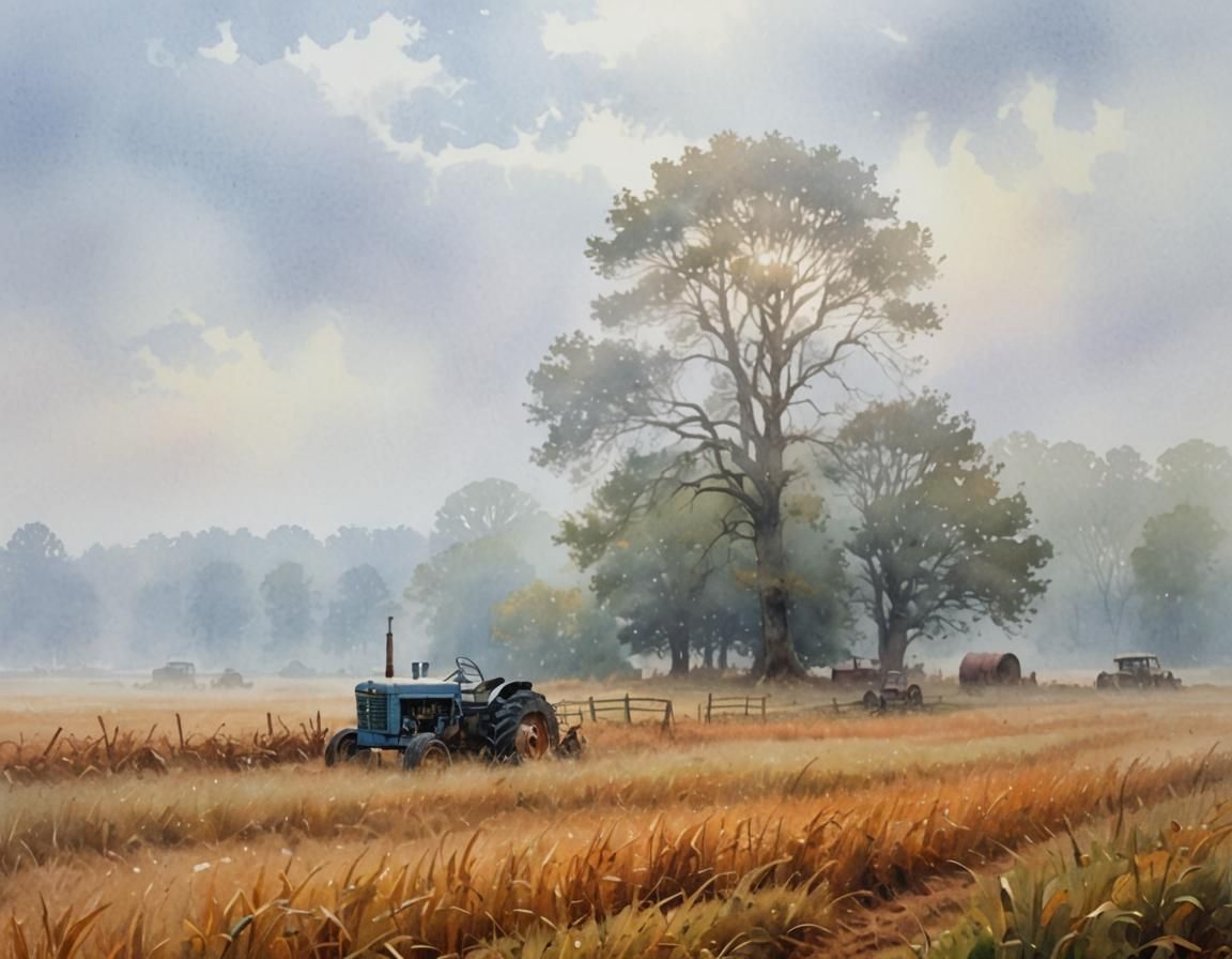 Misty Field Landscape with Tractor in Watercolor Style