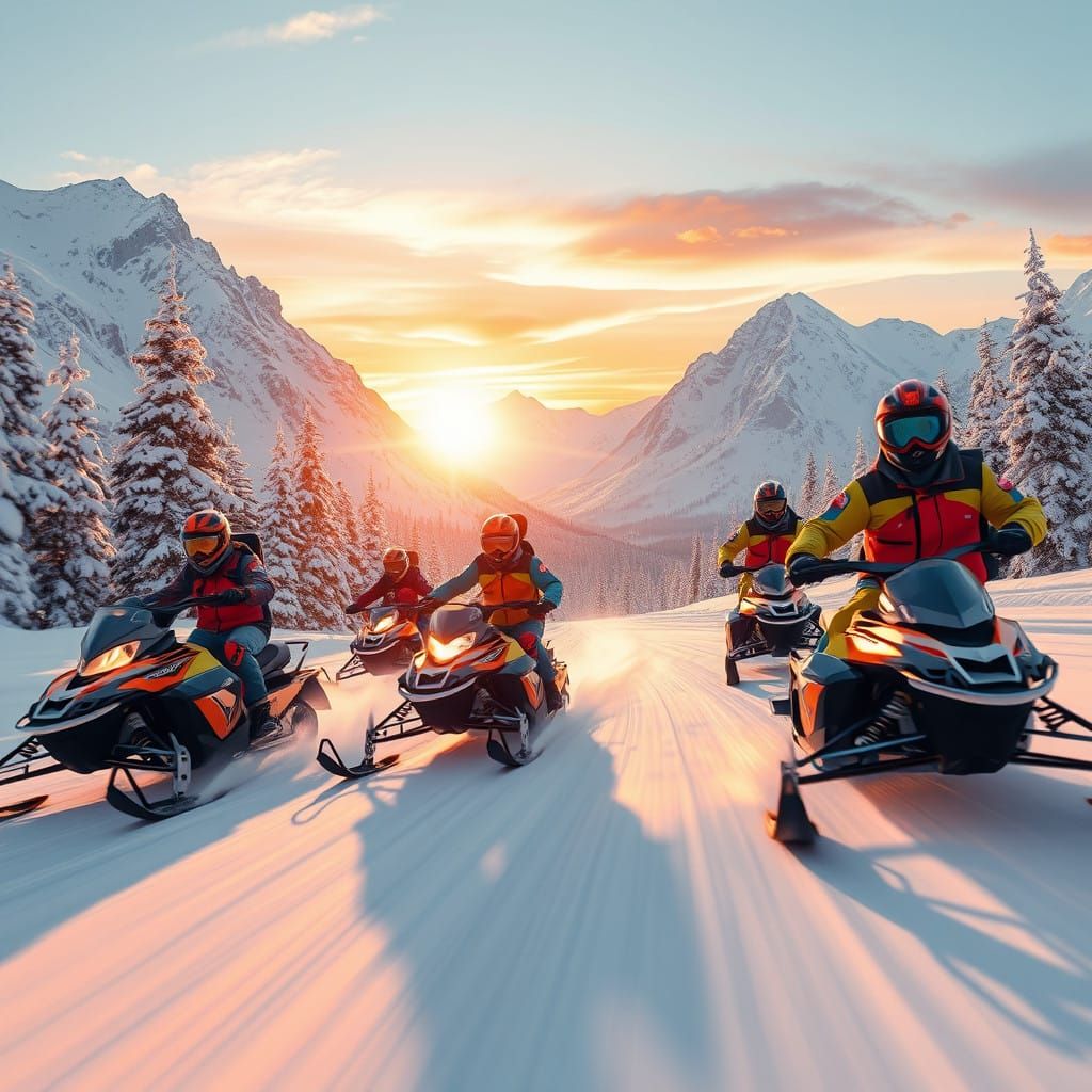 Vibrant Snowmobile Racers Speed Down a Mountain Valley