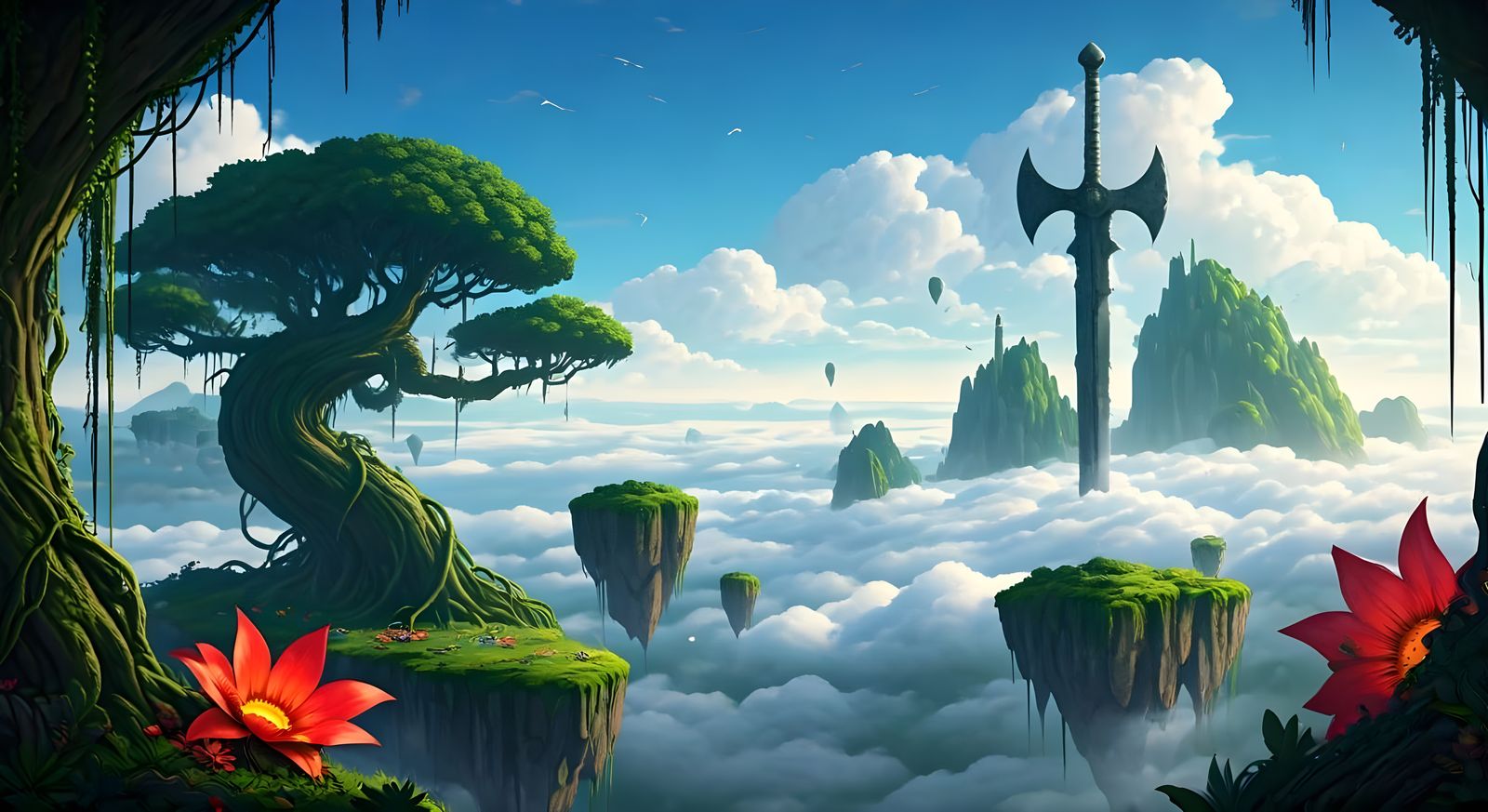 Floating Islands with Towering Swords and Spears in a Surrea...