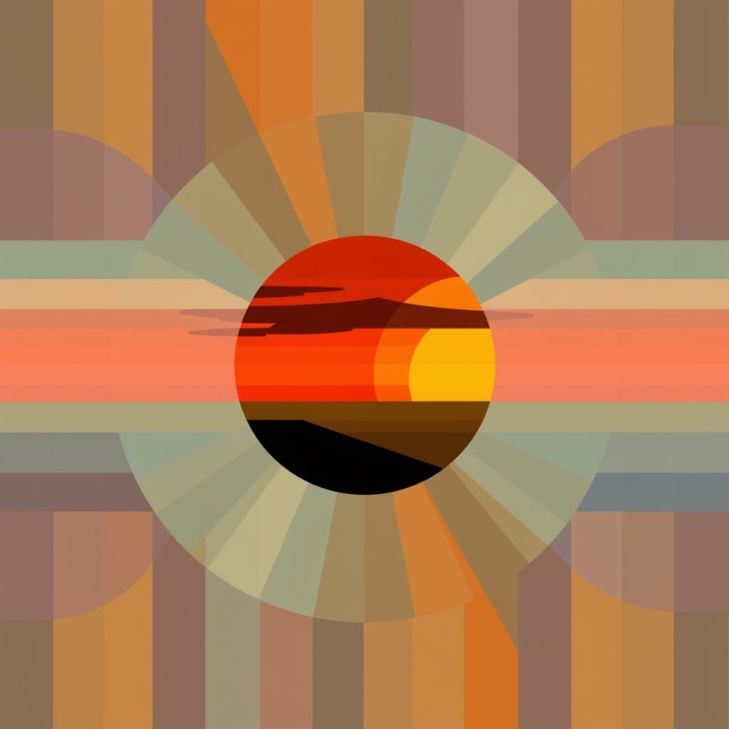 Vibrant Geometric Sunset Abstraction in Striped Mosaic Style