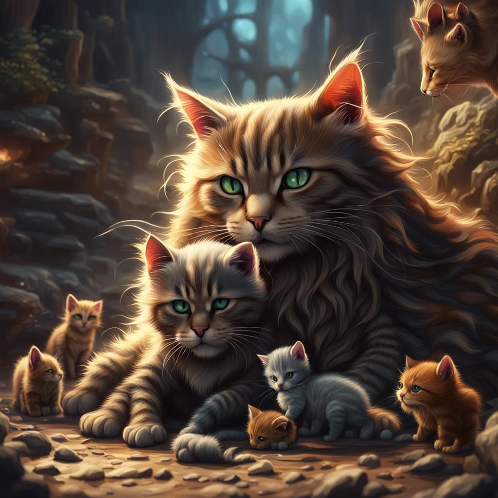 Mother cat nursing her baby kittens