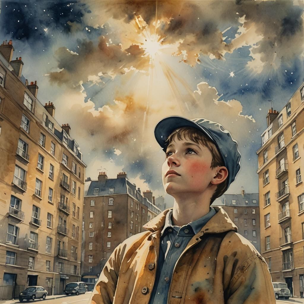 Boy Gazing at Stars, London, Watercolor Impressionism