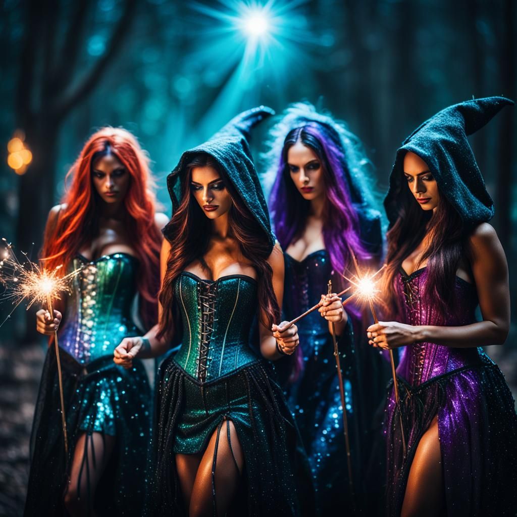 Enchanting Witches Gathering Captured in Hyperrealistic Styl...
