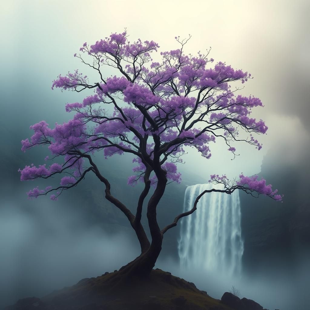 Ethereal Jacaranda Blossom Tree in Misty Himalayan Waterfall