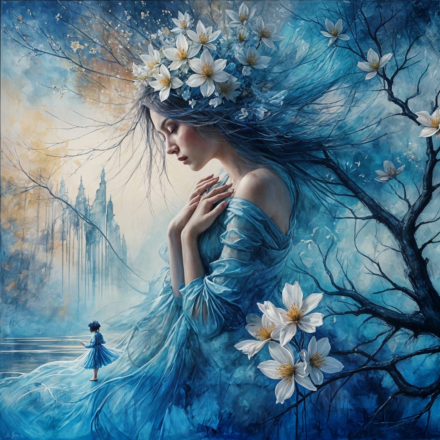 Serene Woman in Blooming Forest Landscape