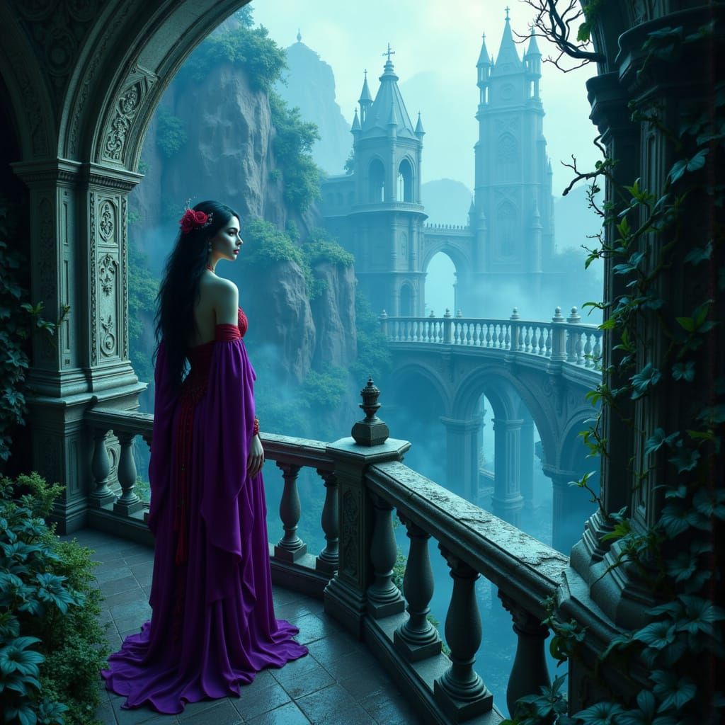 Gothic Lady on Crumbling Balcony Overlooking Ruined Kingdom
