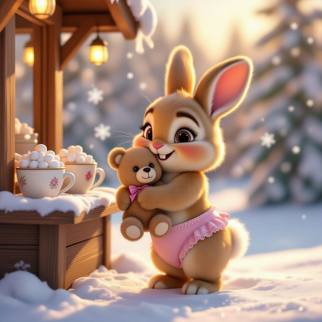 Cute Bunny at Hot Cocoa Stand in Snowy Landscape