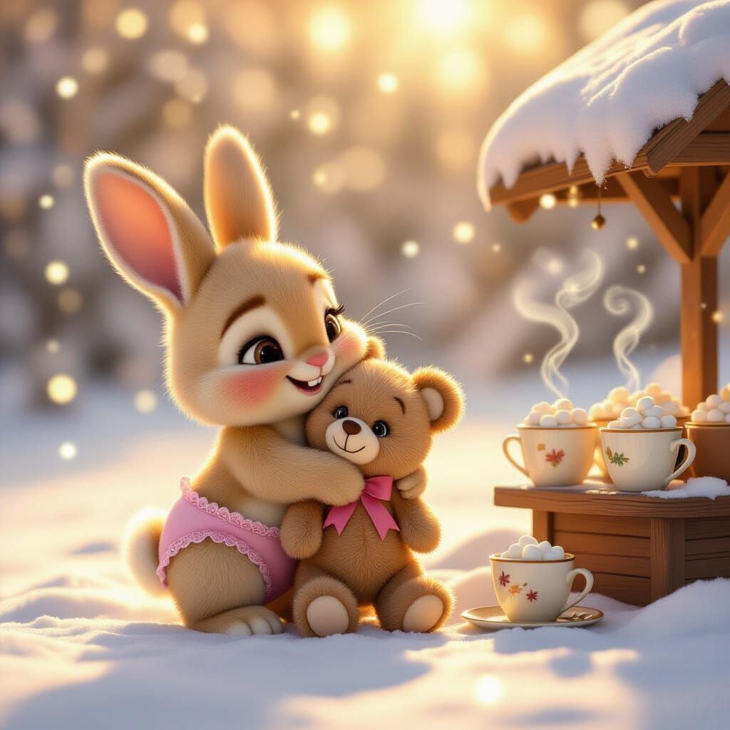 Baby Bunny Hugs Teddy Bear by Hot Cocoa Stand in Snowy Field
