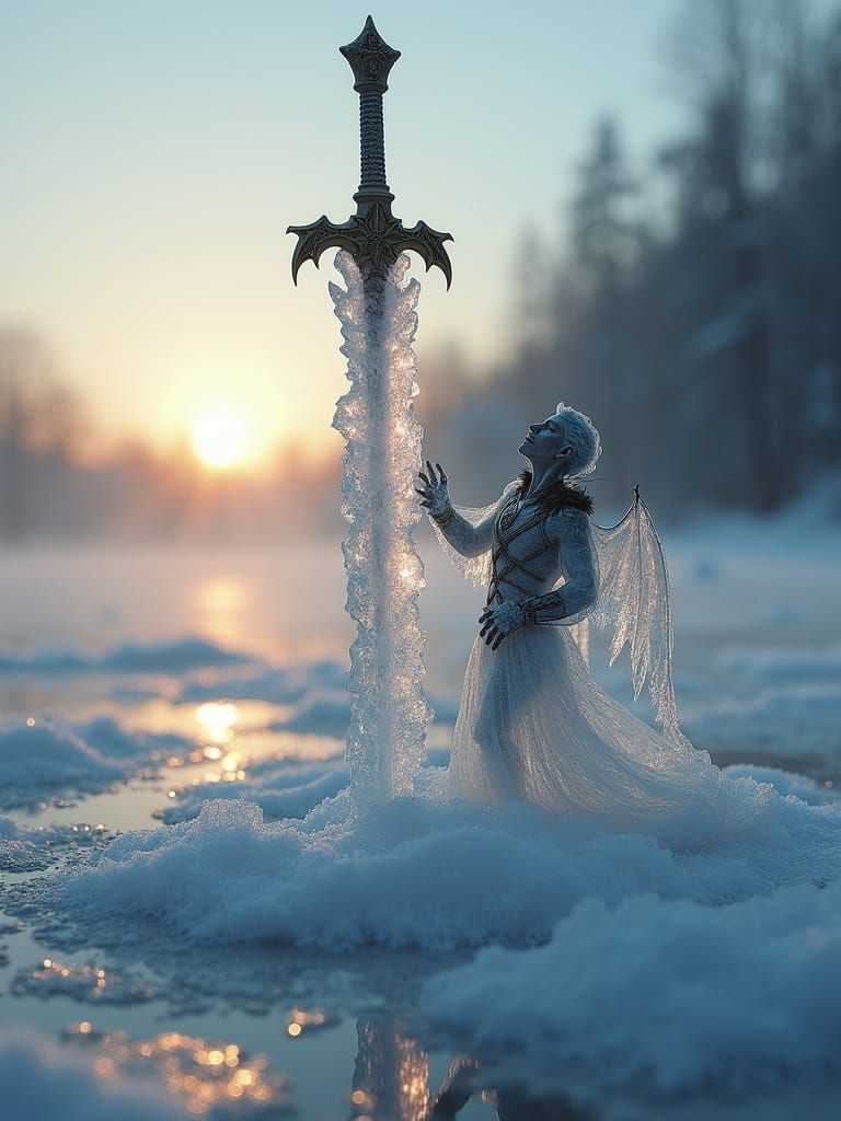 Epic Translucent Ice Sword with Medieval Vampire