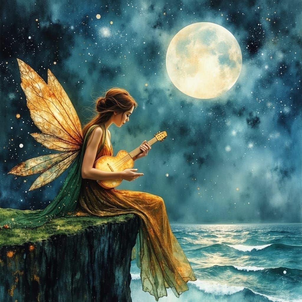 Irish Pixie Plays Lute on Cliffs of Moher