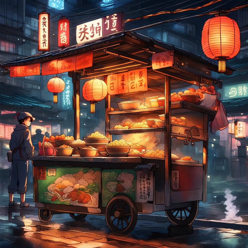 Ramen Vendor in Tokyo Alleyway: Vibrant Anime Art