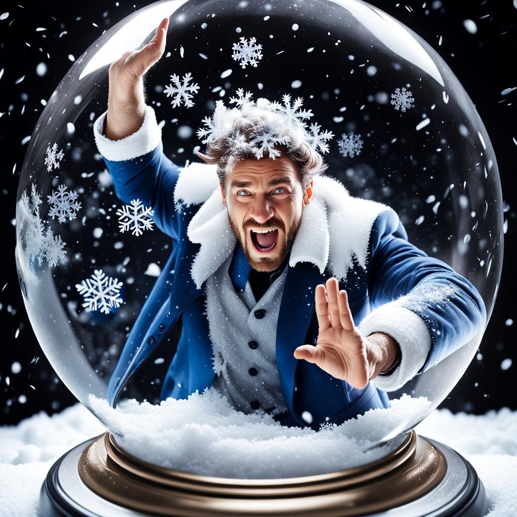 Man in Snow Globe with Dandruff Explosion