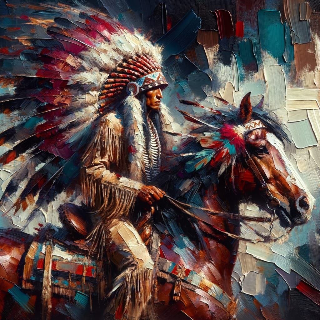 Native American Warrior on Horseback in Textured Impasto Sty...