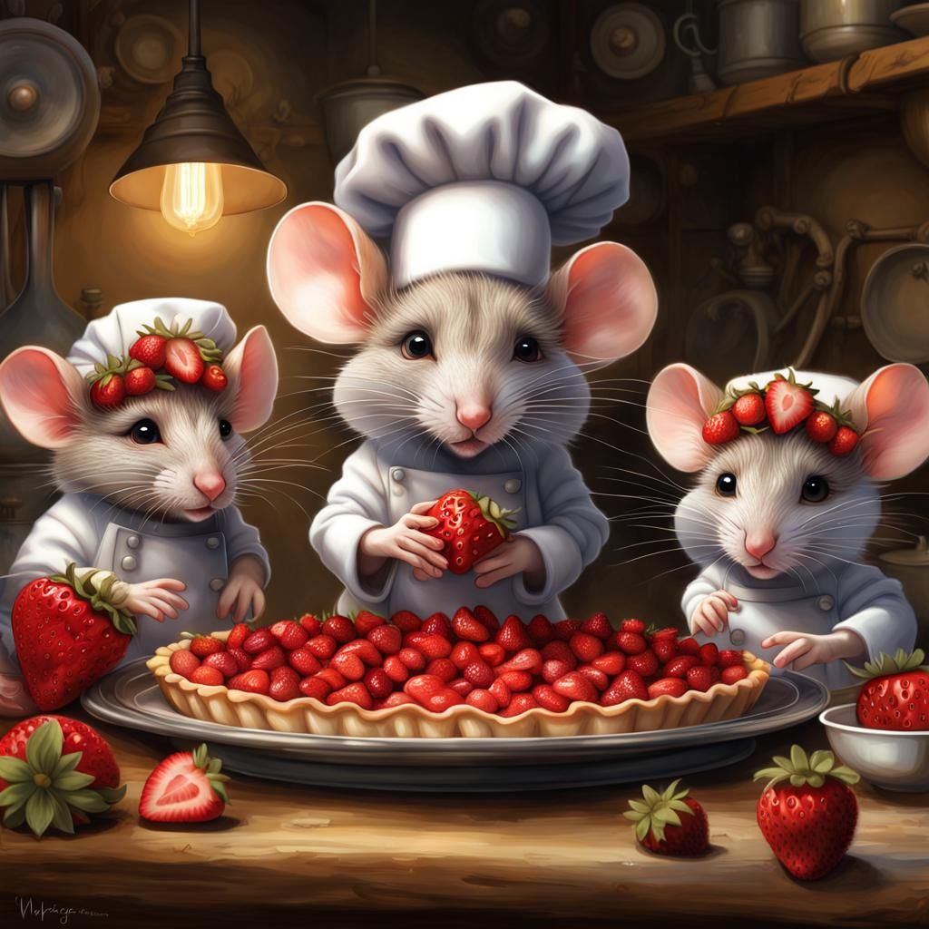 Three adorable little mice preparing a strawberry tart