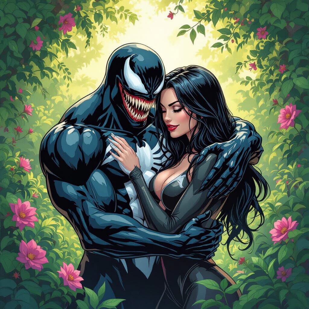 Venom and Sai Embrace in a Lush Garden