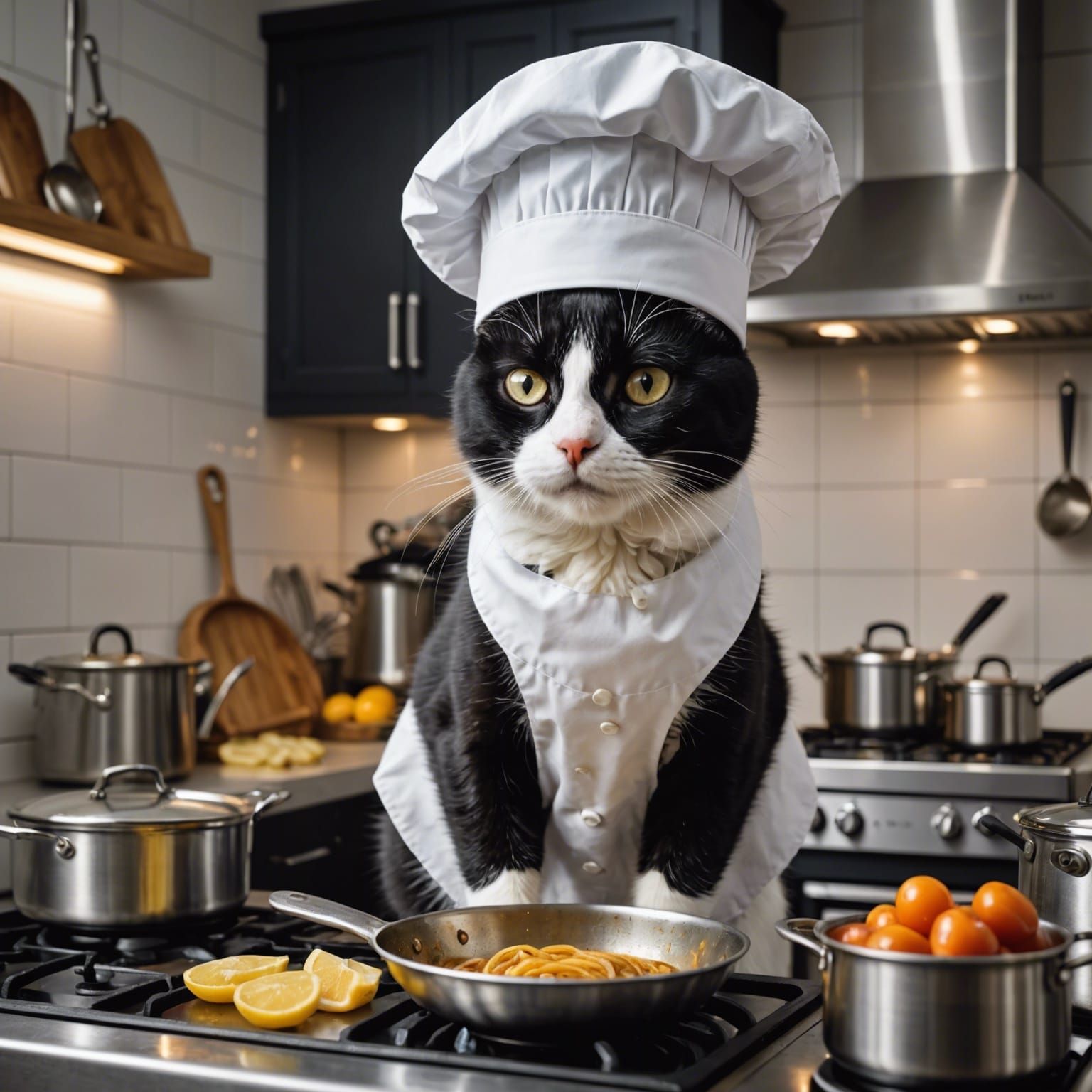 Hyperrealistic Cat Chef Cooking in Modern Kitchen