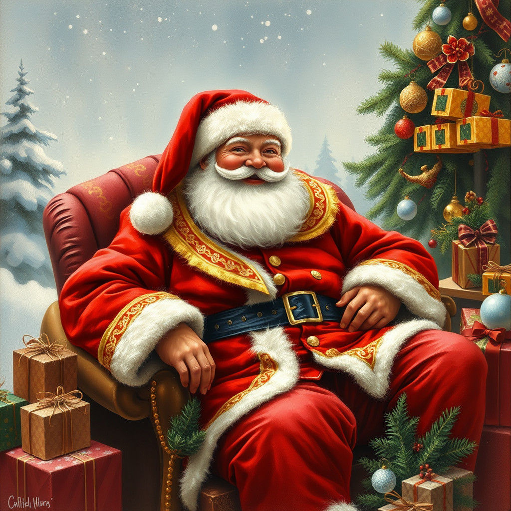 Jovial Santa Claus in Winter Wonderland, Gouache Style