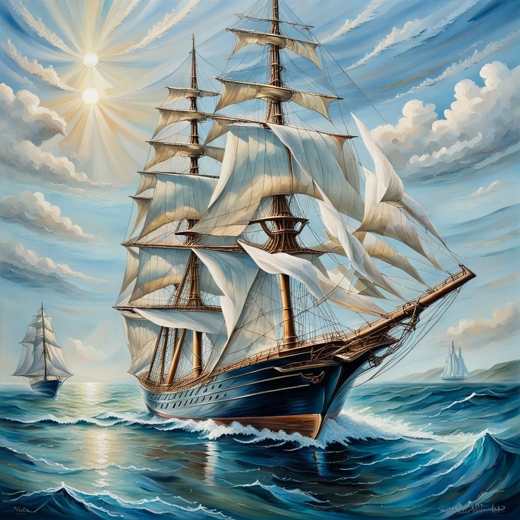 Glass Sailing Ship on Ocean, Oil Painting