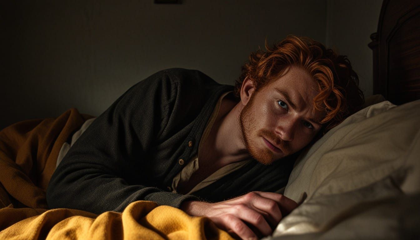 Moody Portrait of a Ginger Man in Bed