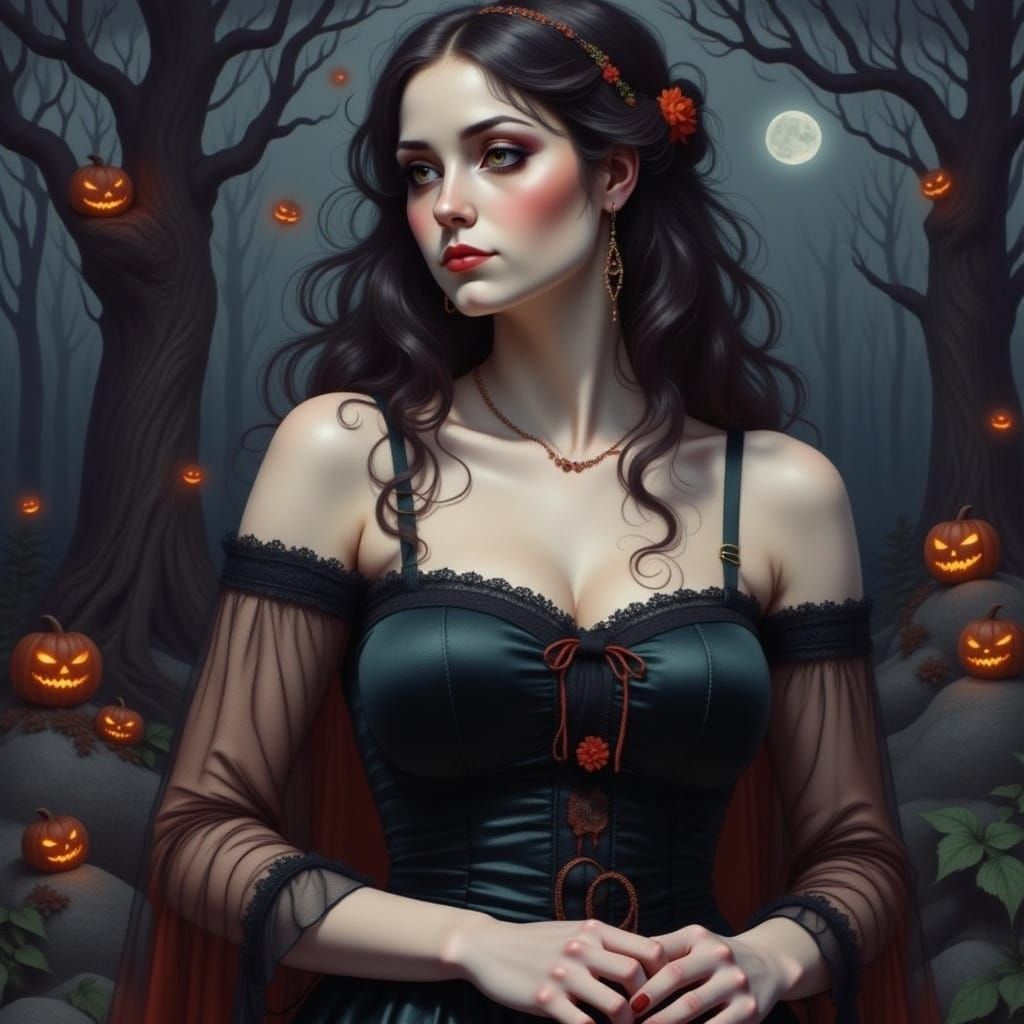 Bohemian Woman in Halloween Forest, as Gouache Painting