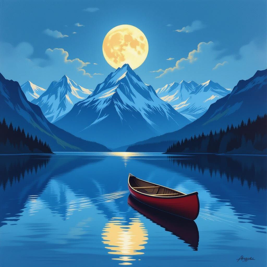 Moonlit Lake Reflection in Vintage Gouache Style