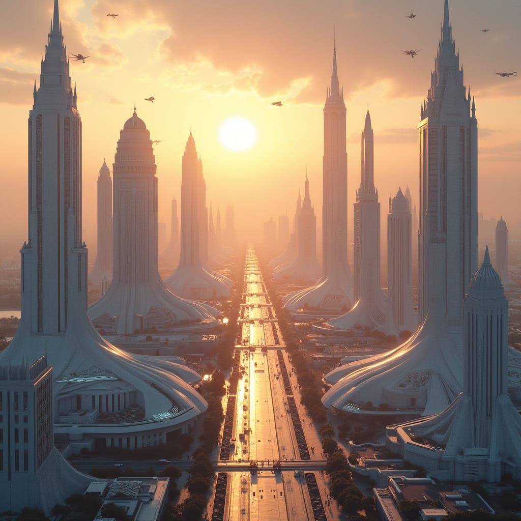 Futuristic Ashgabat Cityscape at Sunset in Hyperrealistic St...