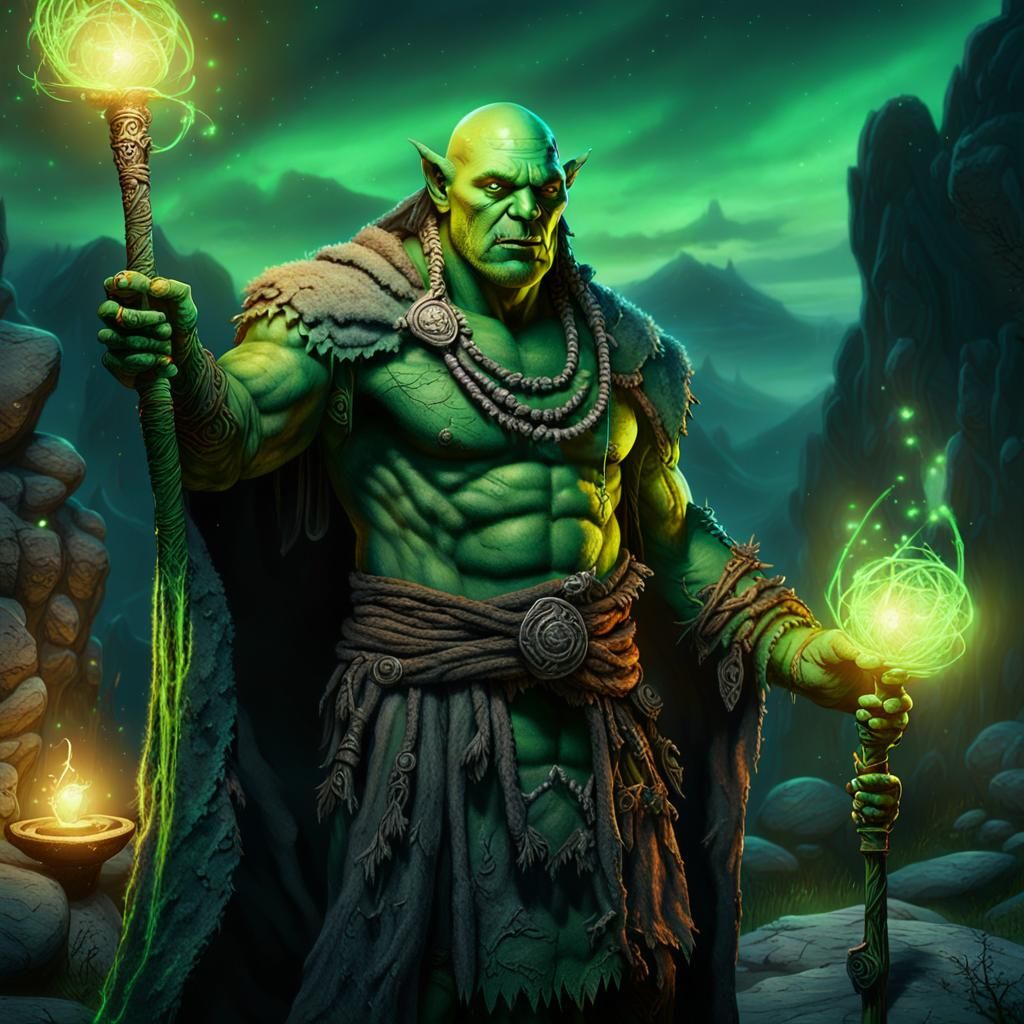 Orc Shaman with Glowing Staff in Dark Fantasy Art