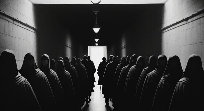 Charcoal Drawing of Figures Queuing in the Afterlife