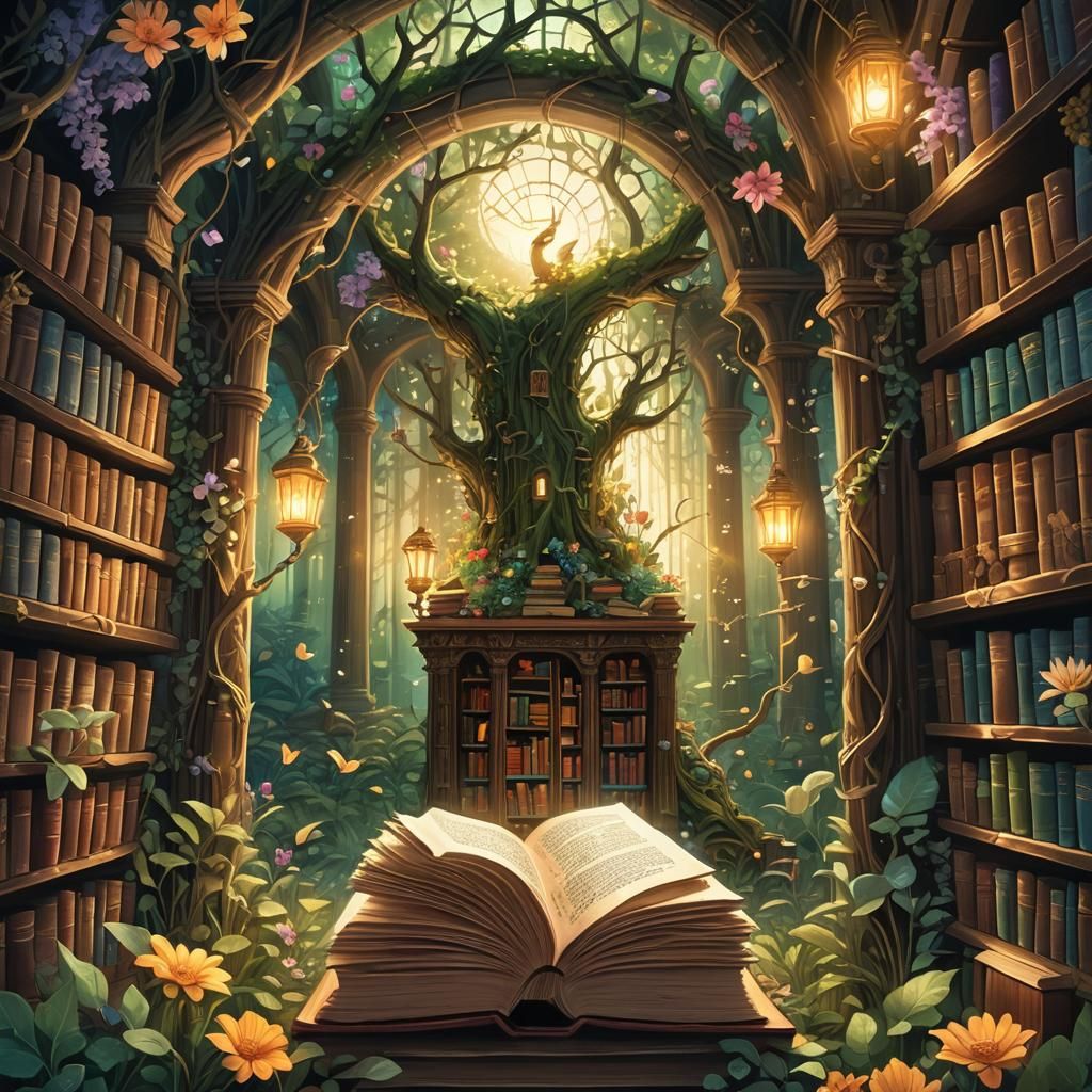 Enchanted Forest Library with Glowing Books